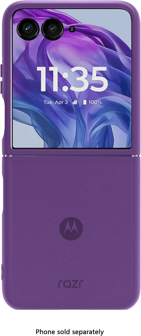 The image shows a purple cell phone with a display that reads "11:35 Tue, Apr 3 100% razr Phone sold separately."