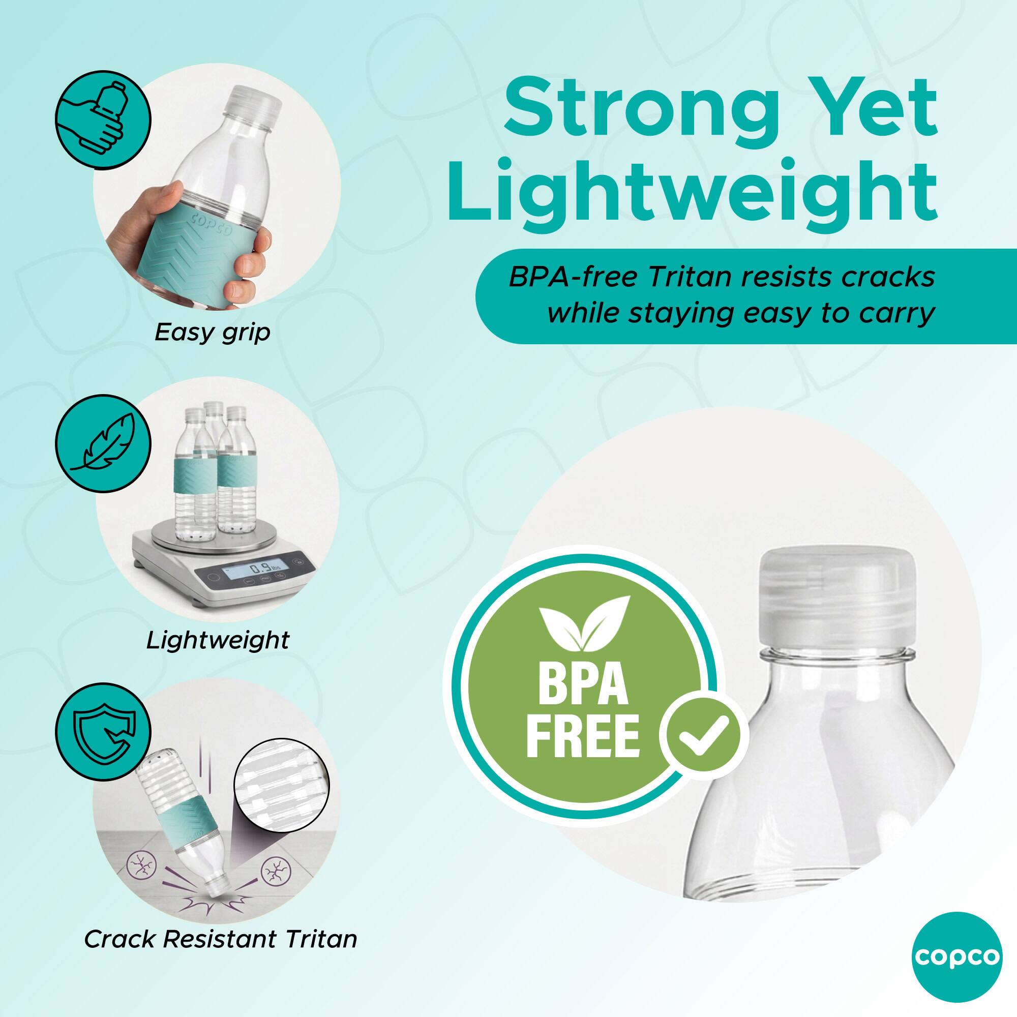 COPSO Easy grip Strong Yet Lightweight BPA-free Tritan resists cracks while staying easy to carry 0.9 Lightweight BP FREE Crack Resistant Tritan