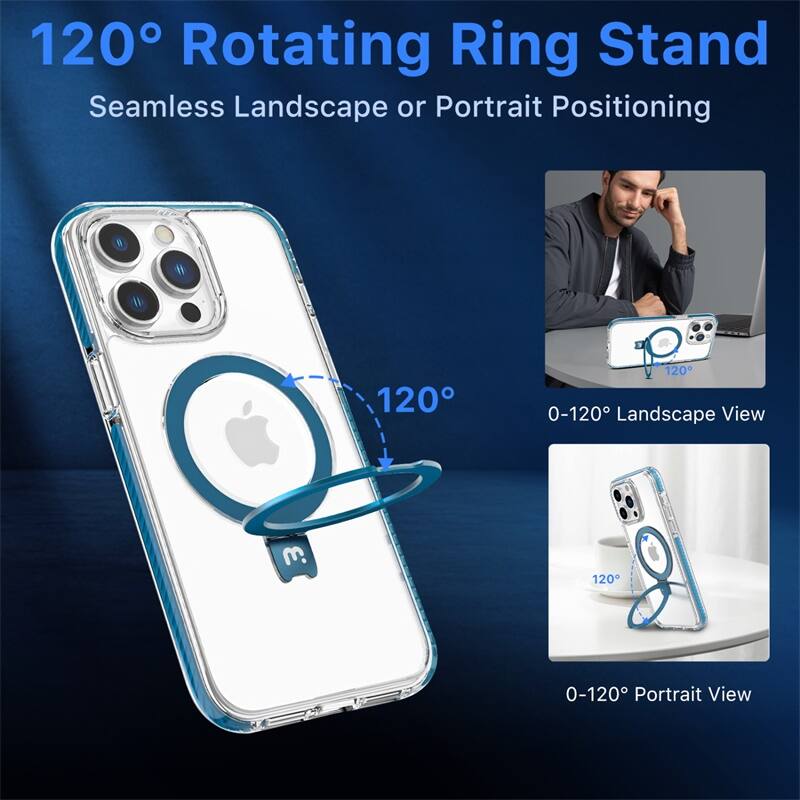 120° Rotating Ring Stand, Seamless Landscape or Portrait Positioning, 0-120° Landscape View, 0-120° Portrait View