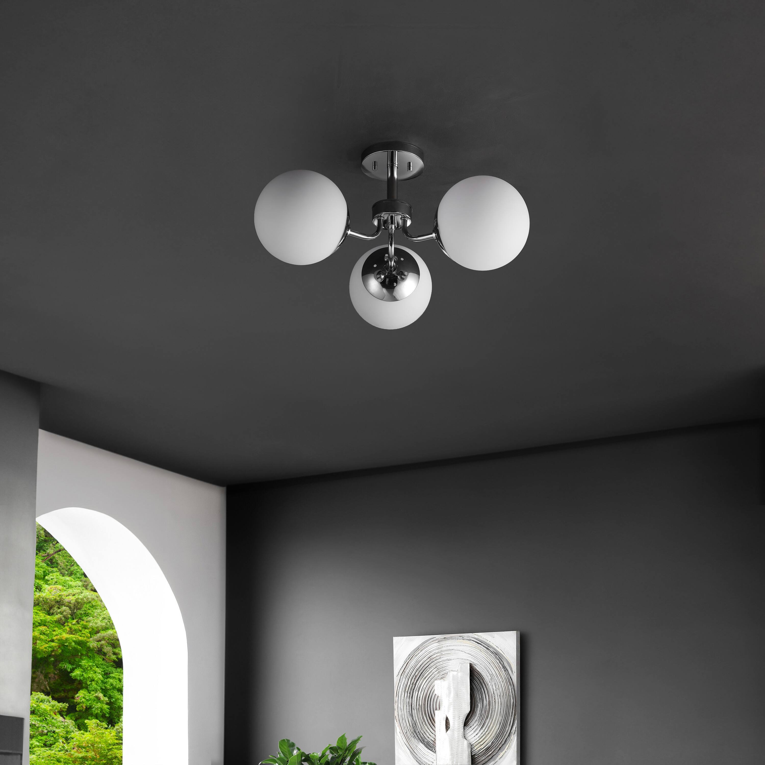 Alt View 5. Jonathan Y - Olivier 23.5" 3-Light Bohemian Farmhouse Iron/Frosted Glass LED Semi Flush Mount, Chrome - Chrome.