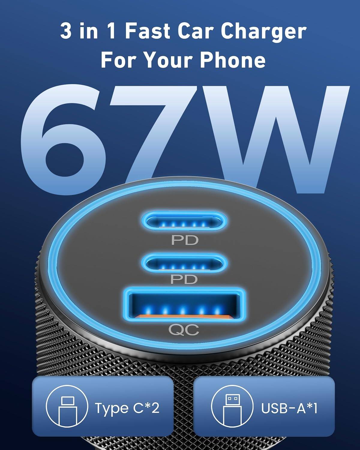 3 in 1 Fast Car Charger For Your Phone  
67W  
PD PD QC  
Type C*2 USB-A*1