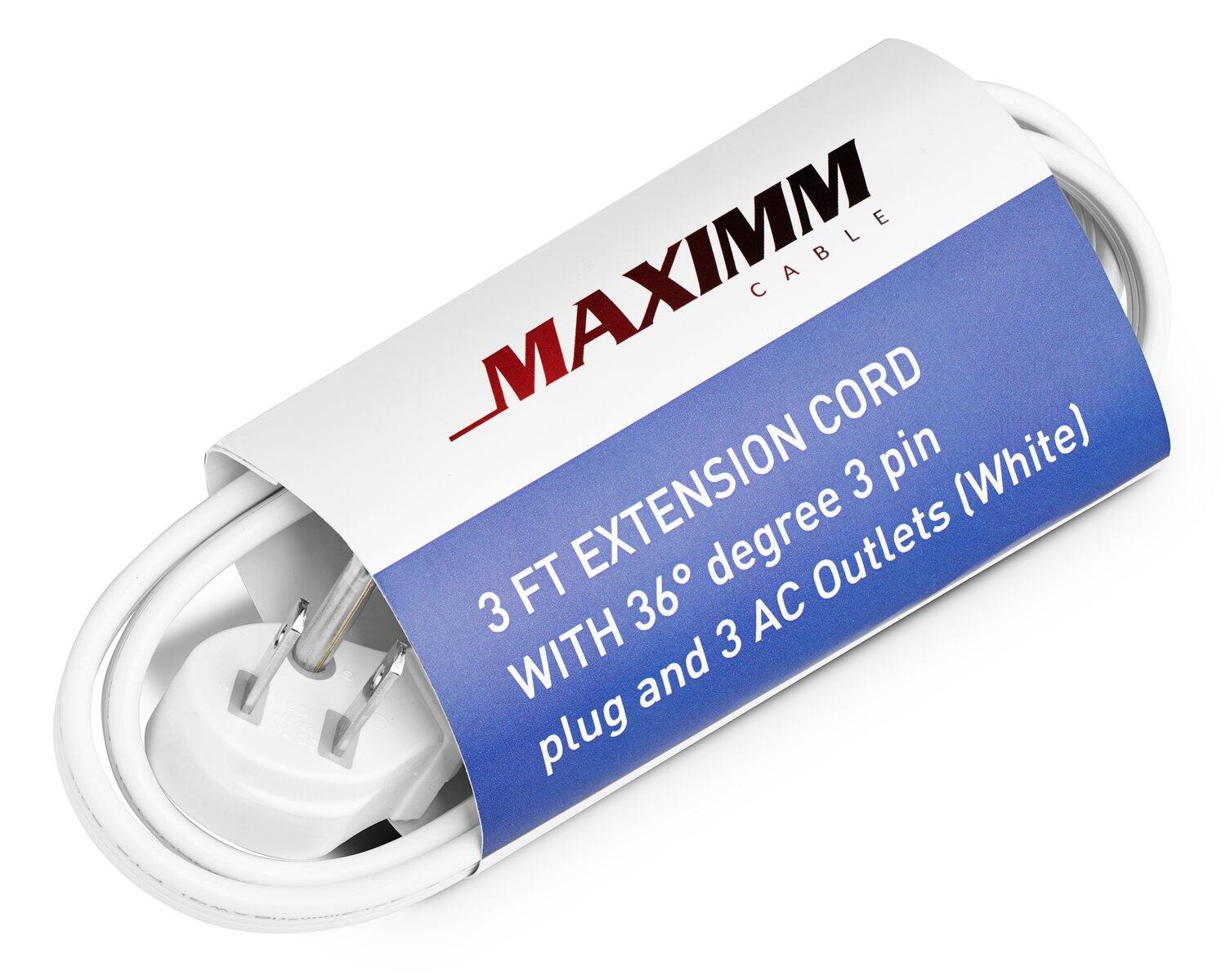 MAXIMM CABLE  
3 FT EXTENSION CORD  
WITH 36° degree 3 pin  
plug and 3 AC Outlets (White)