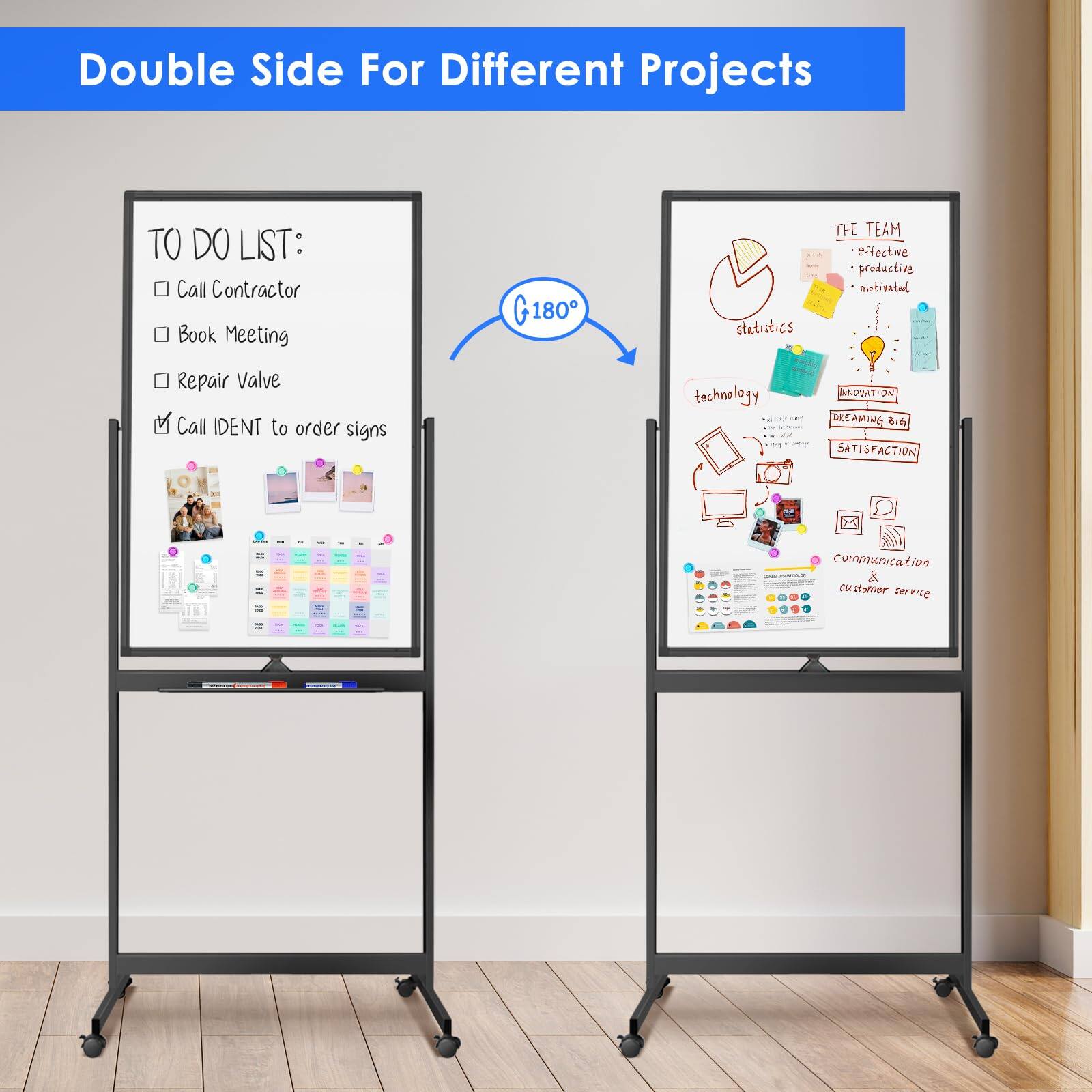 Double Side For Different Projects

TO DO LIST:
- Call Contractor
- Book Meeting
- Repair Valve
- Call IDENT to order signs

THE TEAM
- effective
- productive
- motivated

statistics

technology

INNOVATION
DREAMING BIG

SATISFACTION

communication & customer service