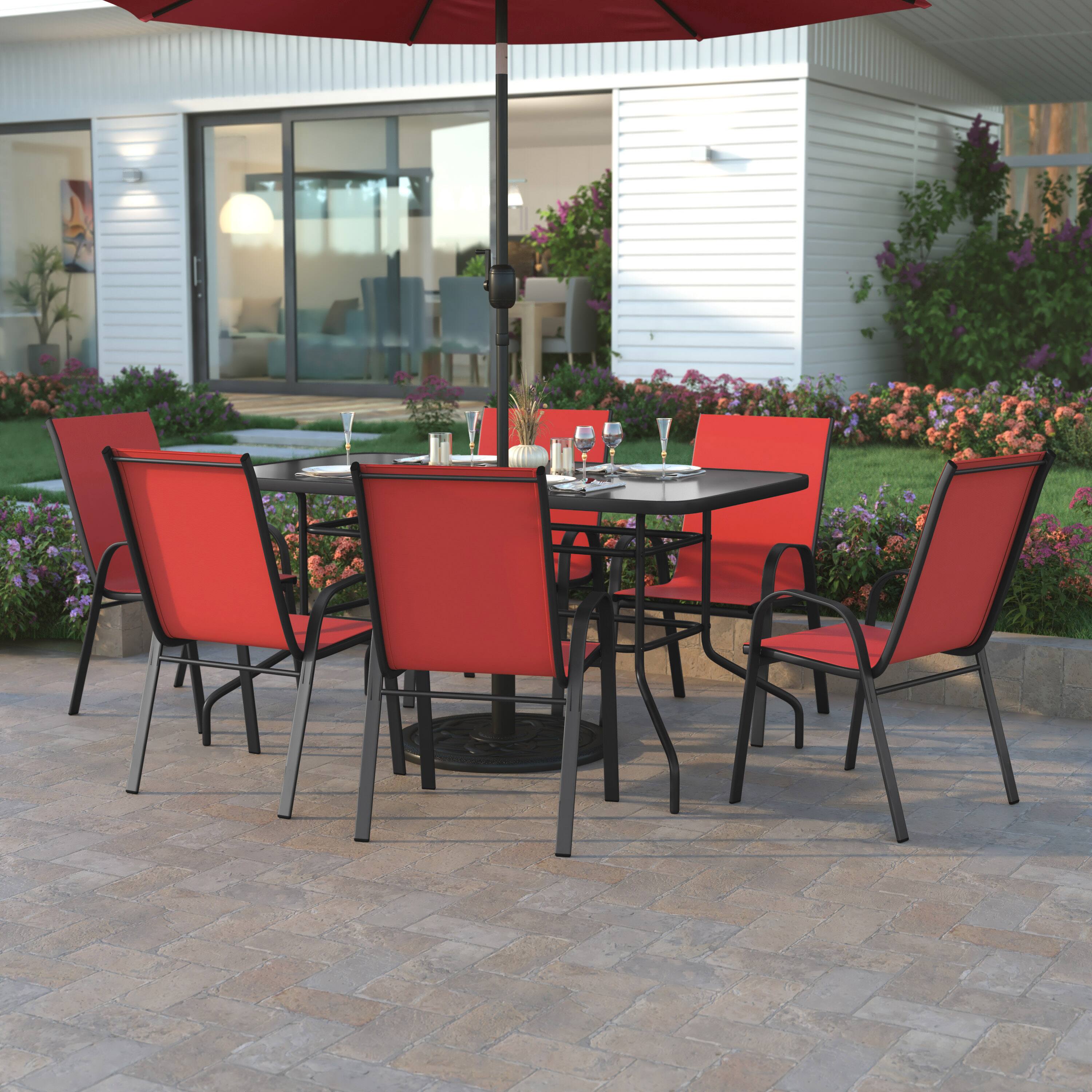 Alt View 1. Emma + Oliver - Seven Piece Patio Table Set with Metal Table with Tempered Glass Top and 6 Flex Comfort Stacking Chairs - Red.