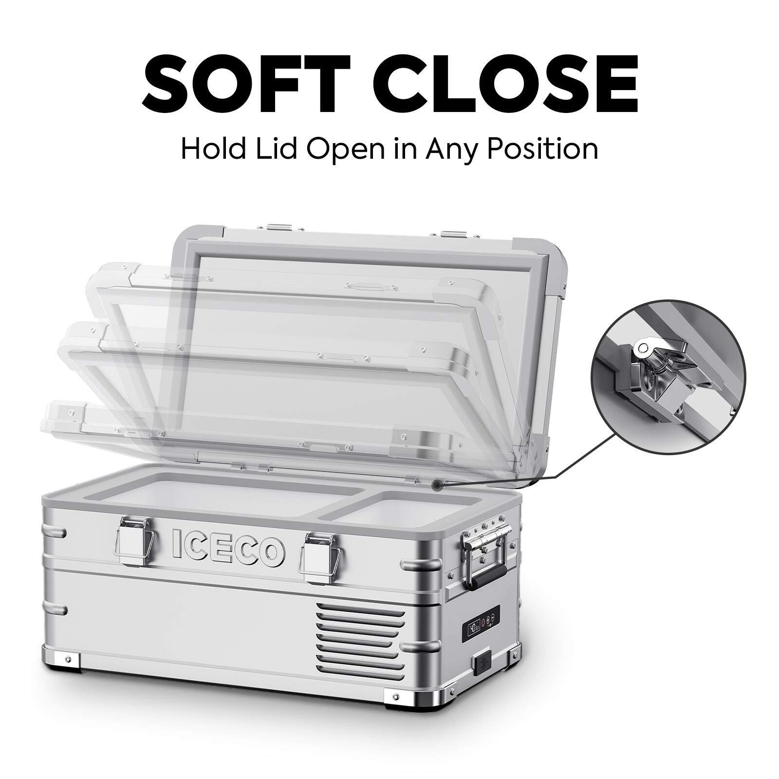SOFT CLOSE  
Hold Lid Open in Any Position  

ICECO