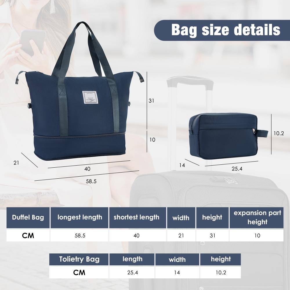 Bag size details

Duffel Bag
- Longest length: 58.5 cm
- Shortest length: 40 cm
- Width: 21 cm
- Height: 31 cm
- Expansion part height: 10 cm

Toiletry Bag
- Length: 25.4 cm
- Width: 14 cm
- Height: 10.2 cm