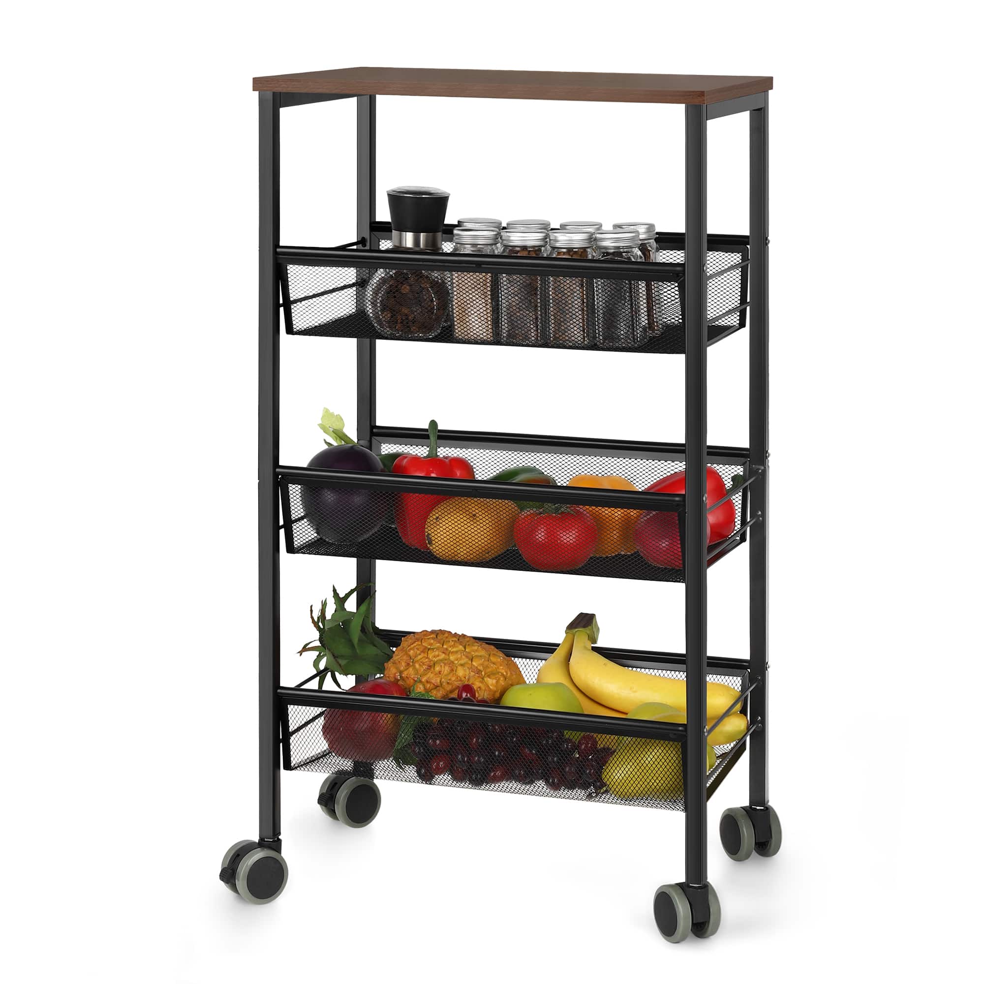 Oumilen - 3-Tier Rolling Storage Cart with Wood Top, Metal Mesh Basket Utility Trolley with Lockable Wheels - Black