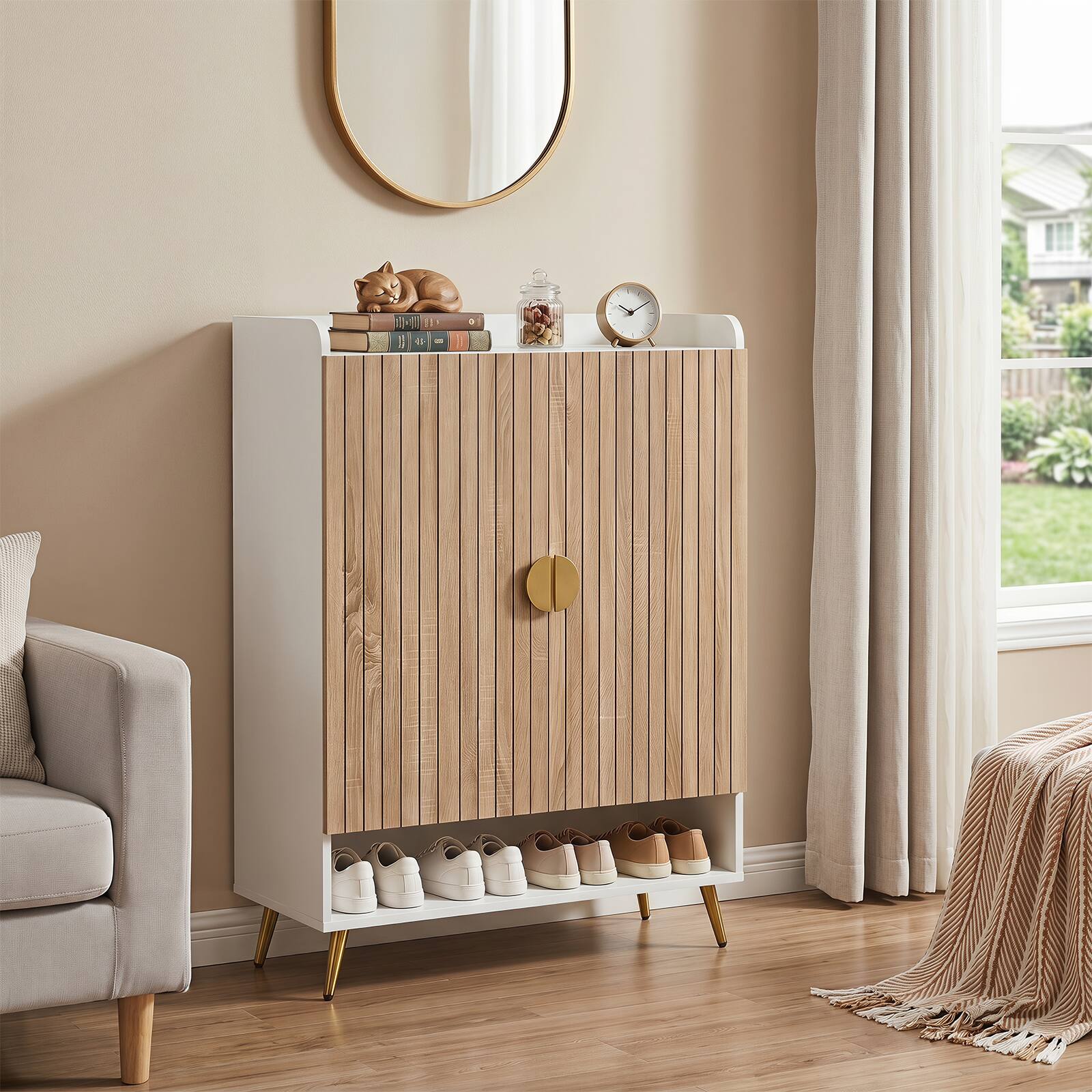 Alt View 3. Costway - Costway 44" 7-Tier Tall Shoe Storage Cabinet with Doors, Adjustable Shelves & Metal Legs - Natural + White.