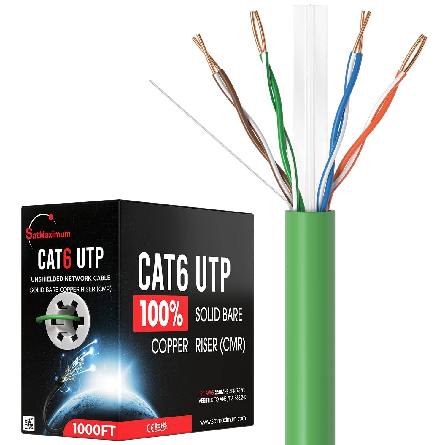 SatMaximum CAT6 UTP UNSHIELDED NETWORK CABLE SOLID BARE COPPER RISER (CMR) CAT6 UTP 100% SOLID BARE COPPER RISER (CMR) ANG 550MHZ PR 75C 23 VERIFIED 10 ANSUTIA 56820 1000FT (E ROHS - www.samaximum.com