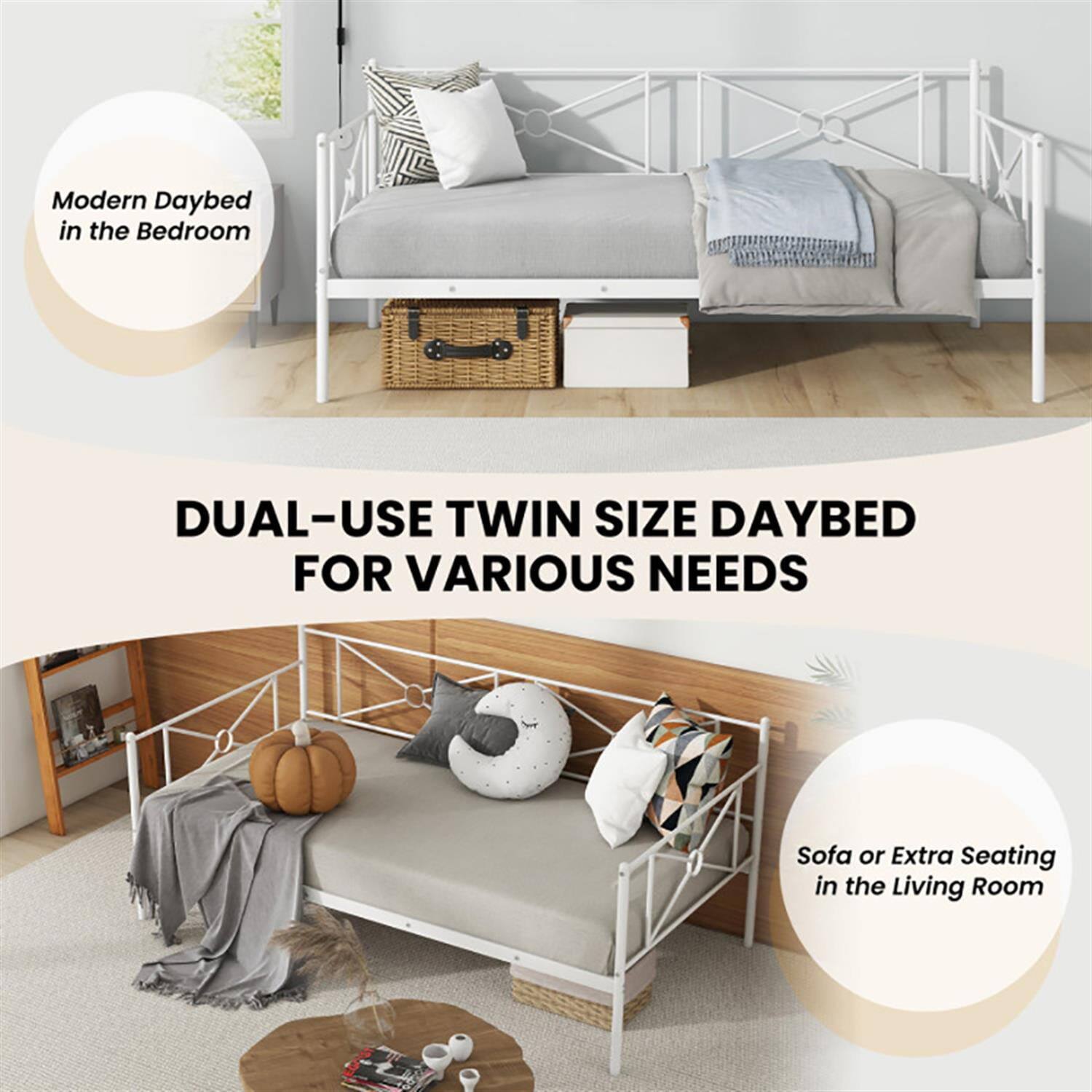 Modern Daybed in the Bedroom

DUAL-USE TWIN SIZE DAYBED FOR VARIOUS NEEDS

Sofa or Extra Seating in the Living Room