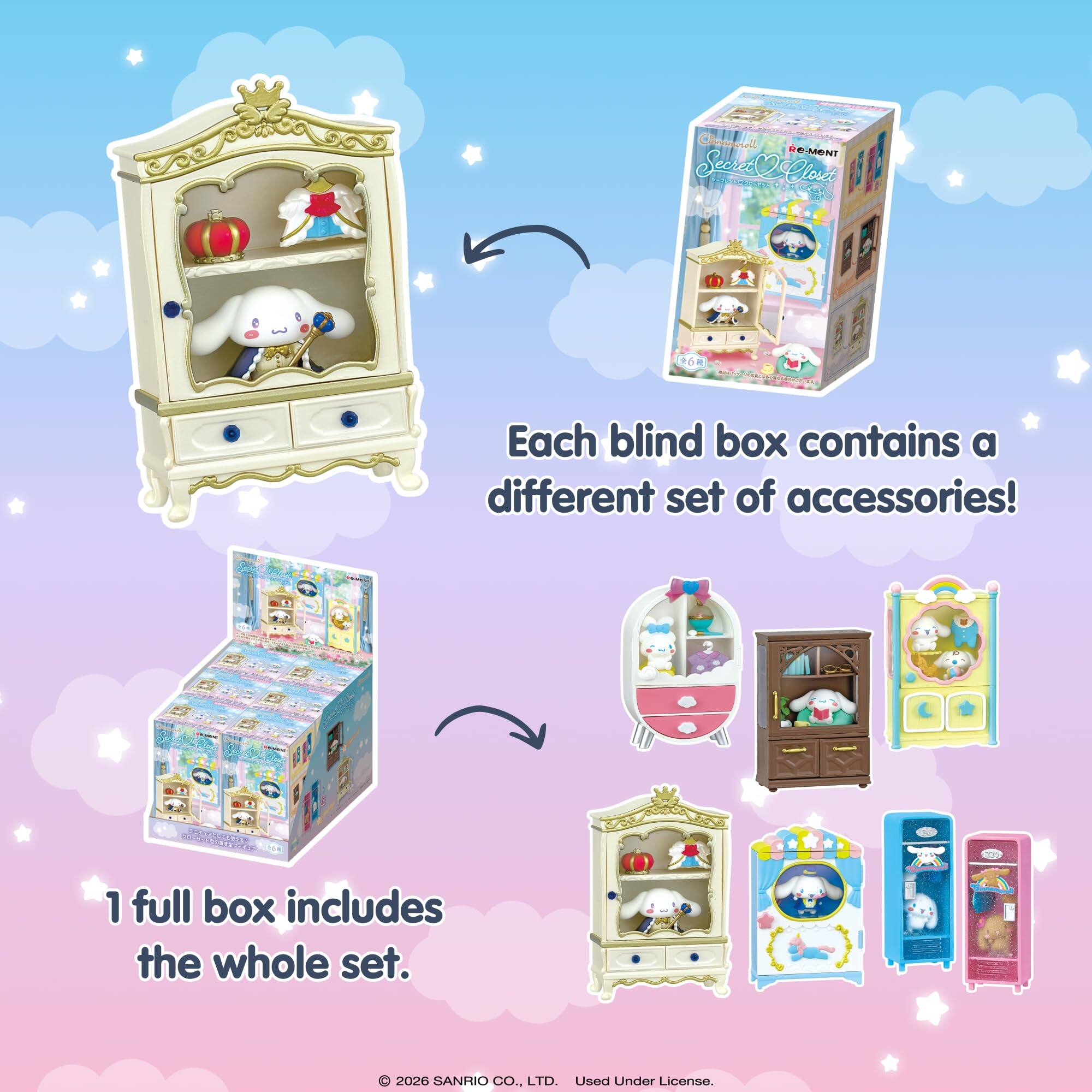 Each blind box contains a different set of accessories!  
1 full box includes the whole set.  
© 2026 SANRIO CO., LTD. Used Under License.