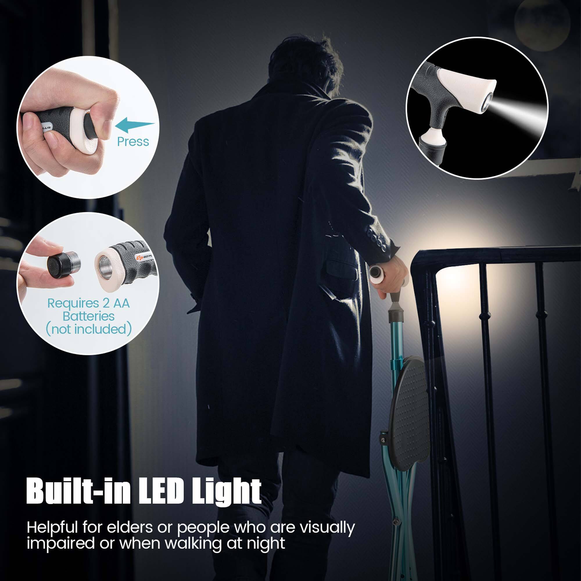 Press  
Requires 2 AA Batteries (not included)  
Built-in LED Light  
Helpful for elders or people who are visually impaired or when walking at night