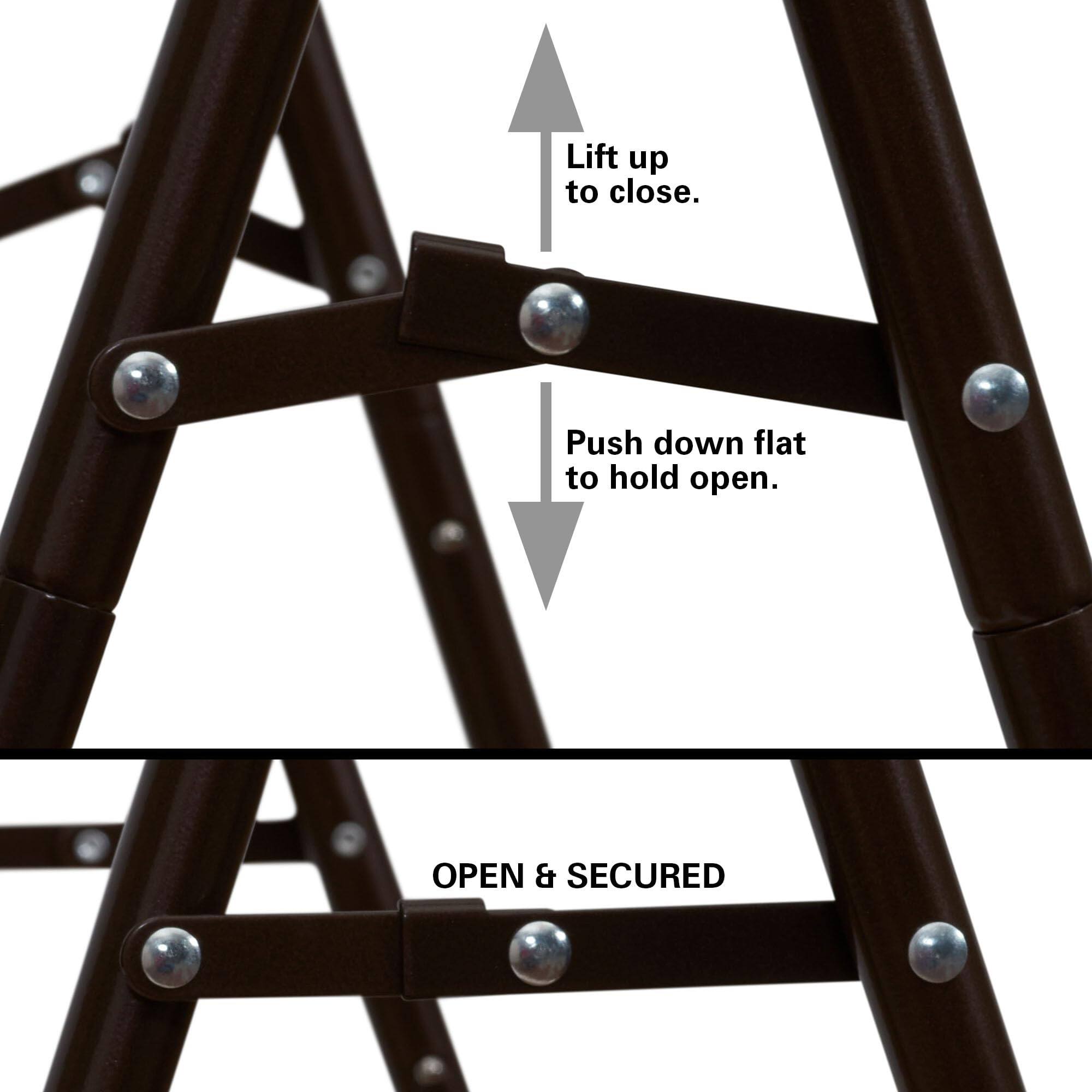Lift up to close.  
Push down flat to hold open.  

OPEN & SECURED
