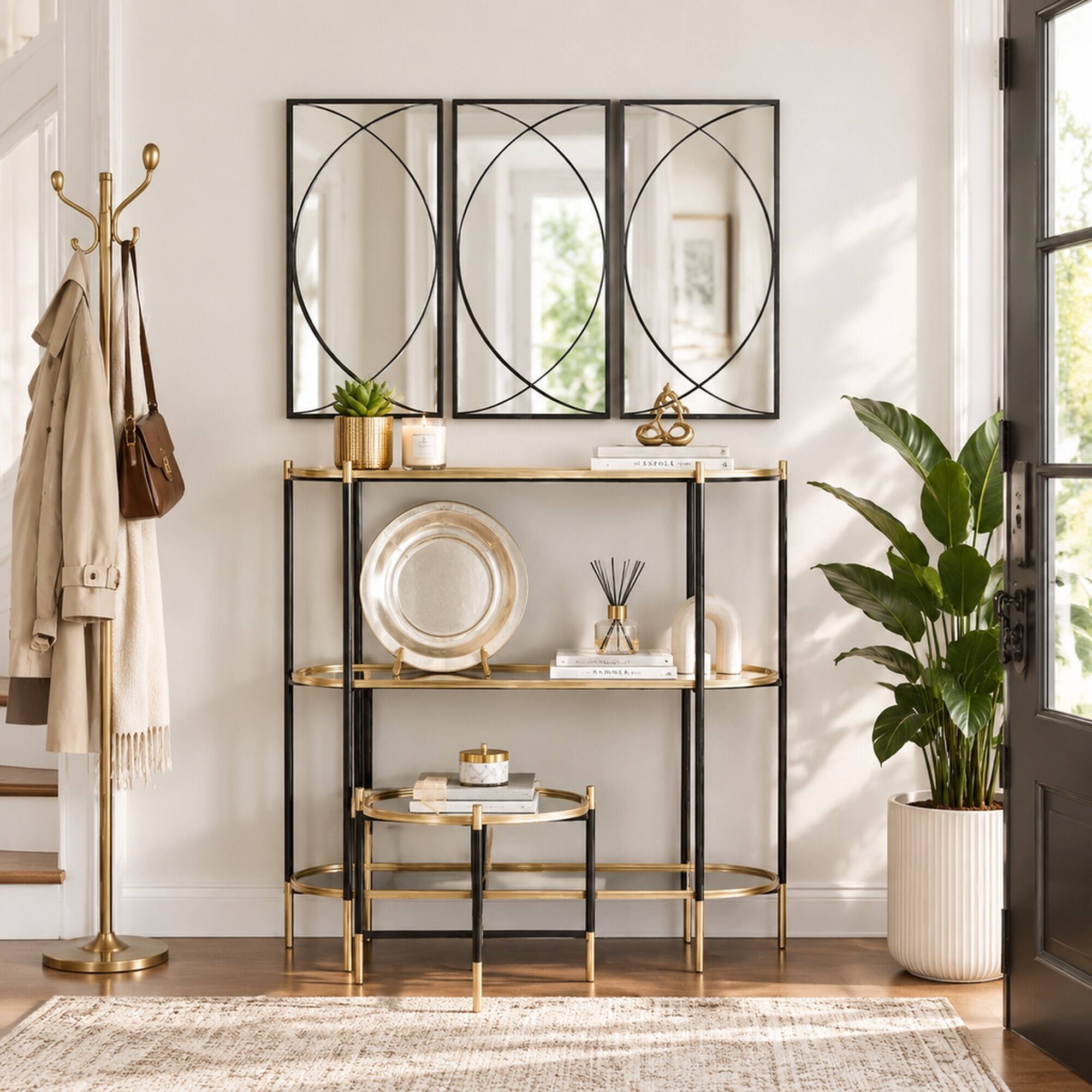 Left. RYHNUYNE - 32 in Rectangular Wall Mirror Set, 3 Black Iron Frames, Crossed Ring Design, Living Room and Bedroom Decor - Black.