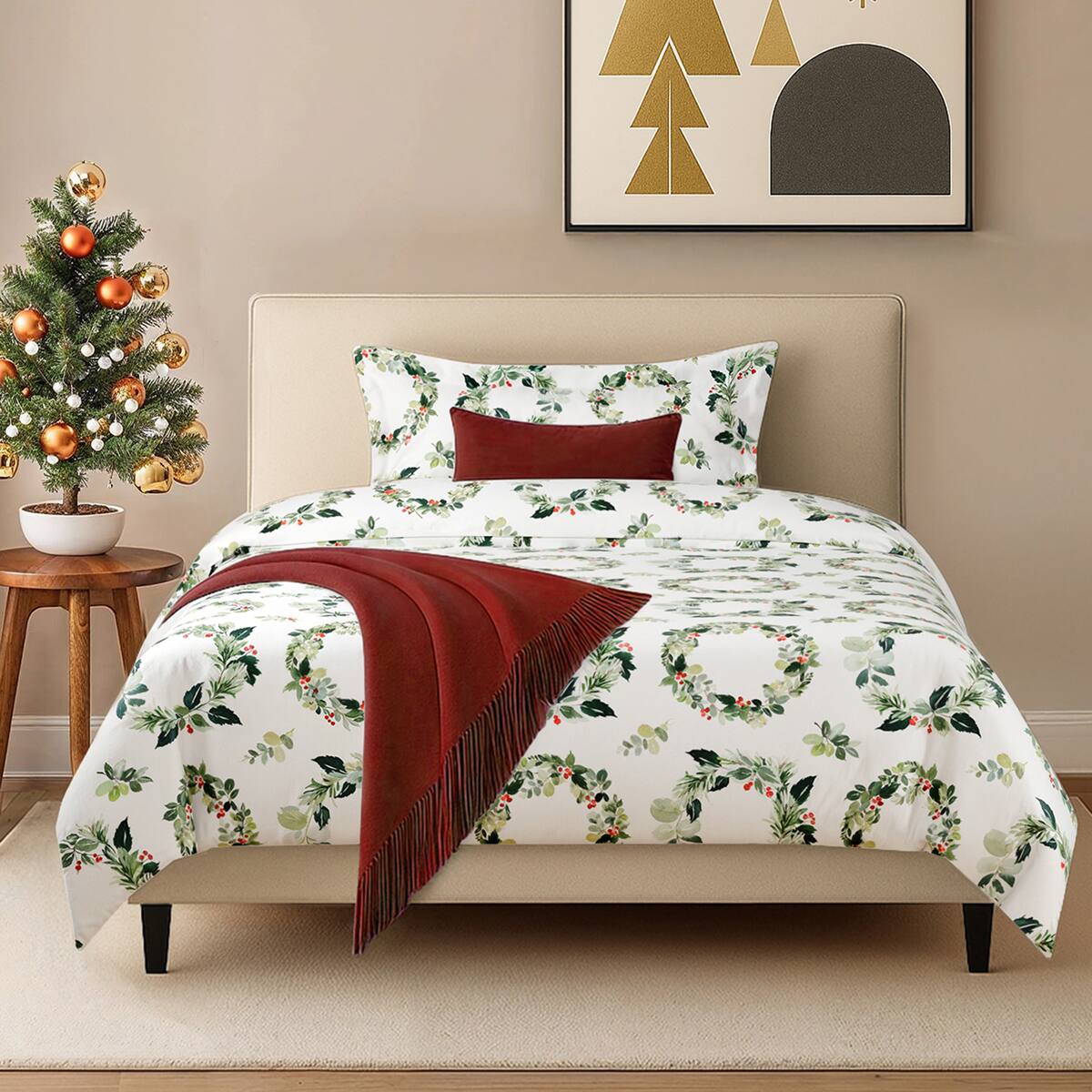 Front. CGK Linens - Luxury Soft Premium Christmas Duvet Cover Set - Zipper Closure & Matching Pillow Shams - Wreaths.