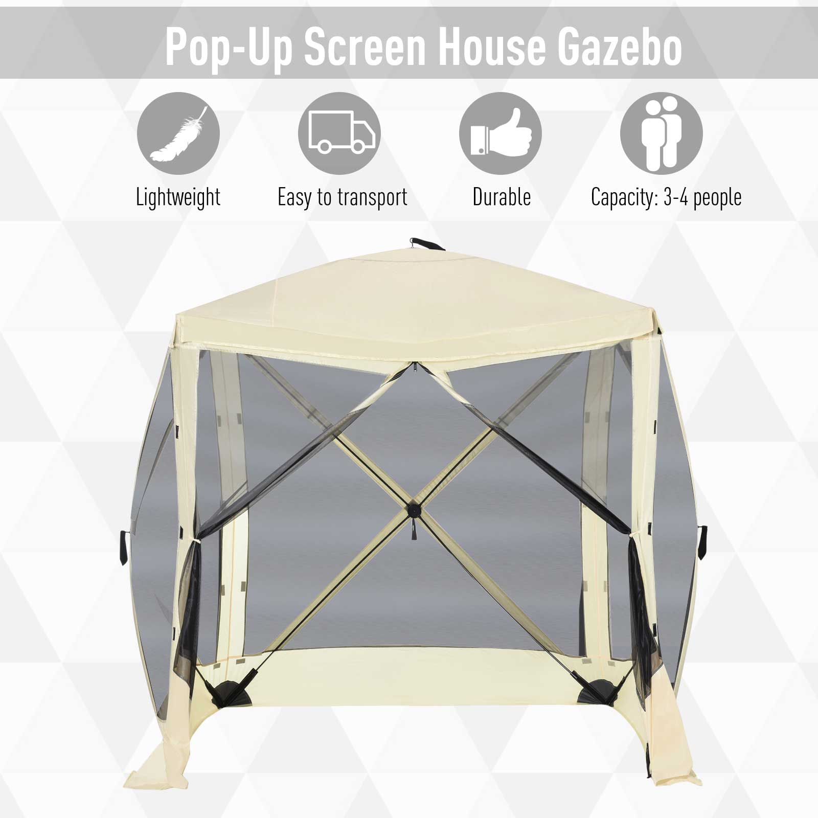 Pop-Up Screen House Gazebo

Lightweight
Easy to transport
Durable
Capacity: 3-4 people
