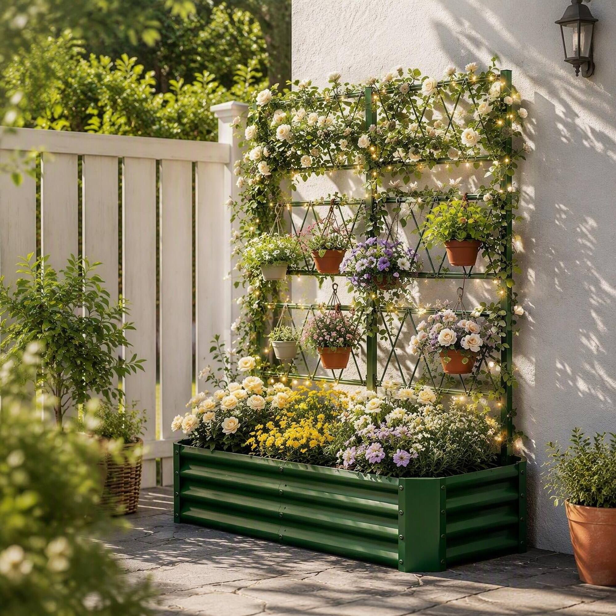 Back. RYHNUYNE - Galvanized Raised Garden Bed 4x2x1ft with Arch Trellis for Climbing Vegetables, Heavy Duty Metal Planter Box - Green.
