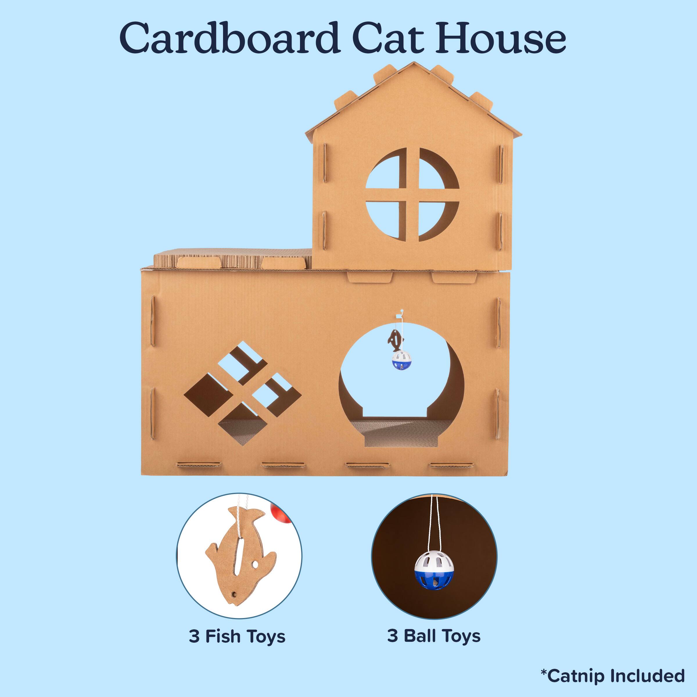 Cardboard Cat House  
3 Fish Toys  
3 Ball Toys  
*Catnip Included