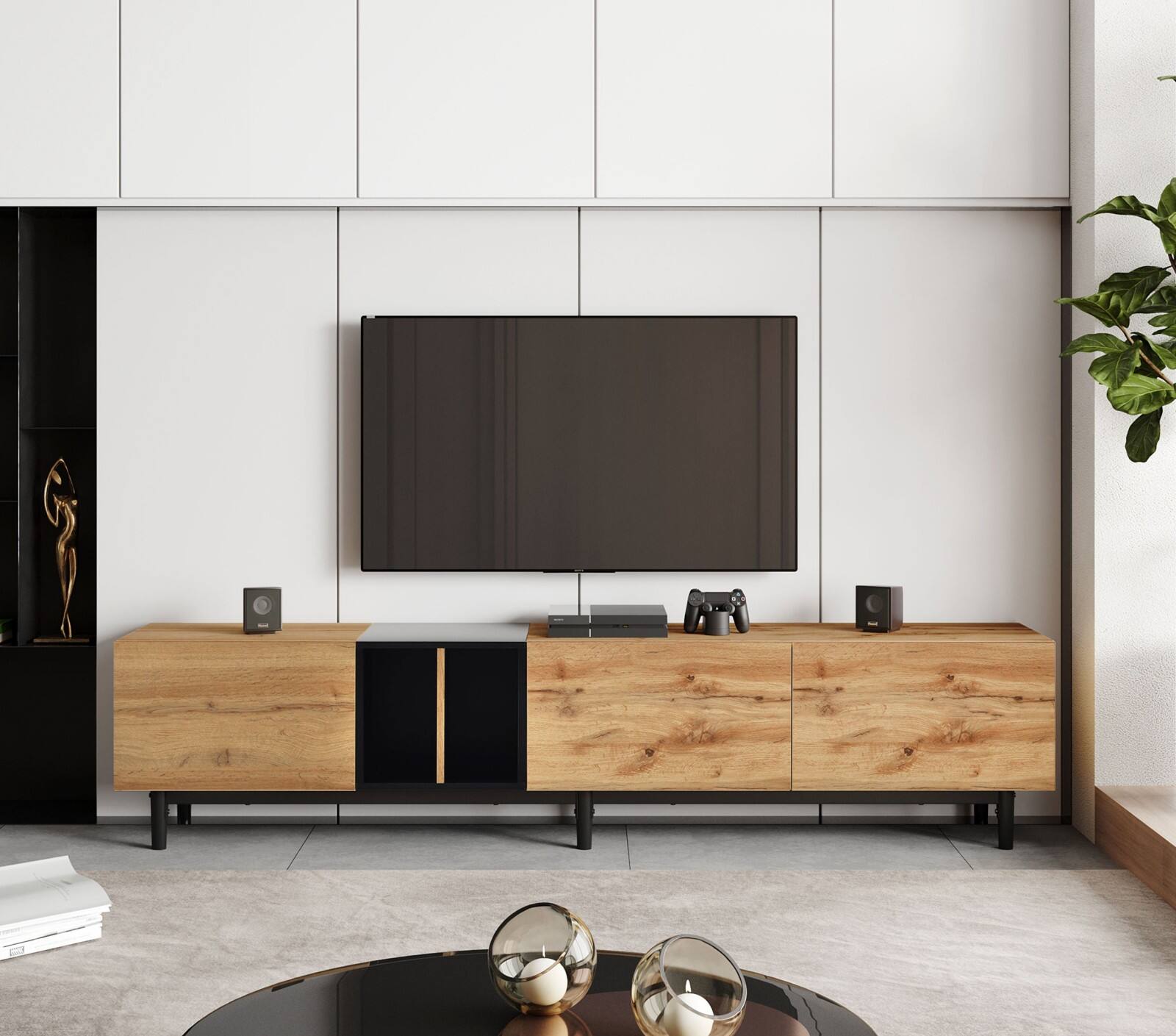 Alt View 7. Ecooso - Modern TV Stand for 80'' TV with 3 Doors, Media Console Table, Entertainment Center with Large Storage - Natural Wood.
