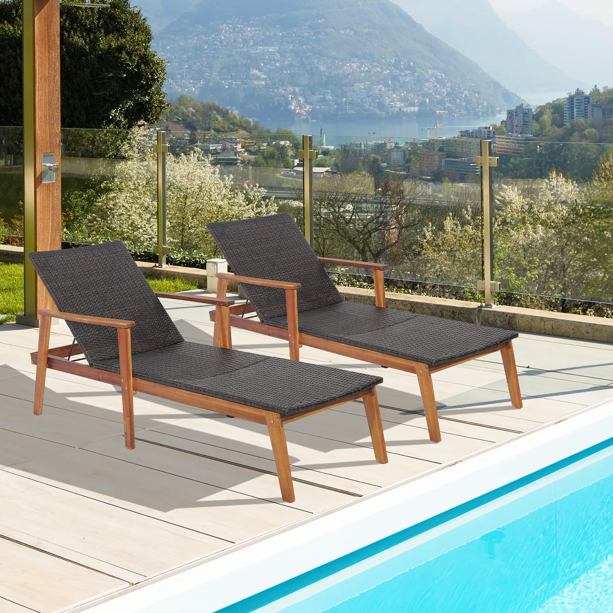 Gymax - 2PCS Adjustable Patio Rattan Lounge Chair Recliner Outdoor Chaise Acacia Wood Frame - Mix Brown price history on PriceWatchPro