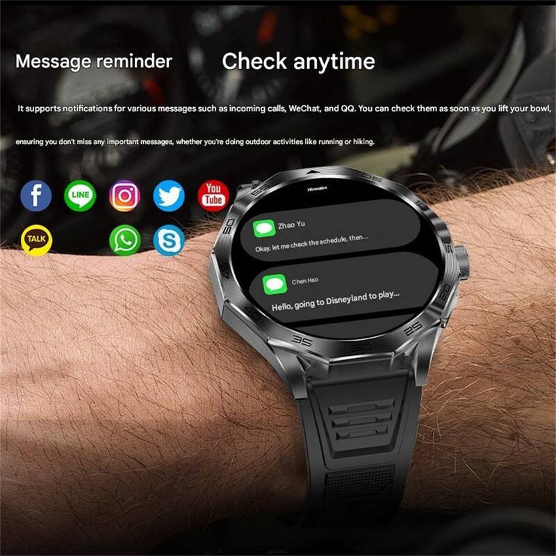 Message reminder  
Check anytime  

It supports notifications for various messages such as incoming calls, WeChat, and QQ. You can check them as soon as you lift your bowl, ensuring you don't miss any important messages, whether you're doing outdoor activities like running or hiking.  

- Facebook
- LINE
- Instagram
- Twitter
- YouTube
- TALK
- WhatsApp
- S

Zhao Yu: "Okay, let me check the schedule, then..."  
Chen Hao: "Hello, going to Disneyland to play..."