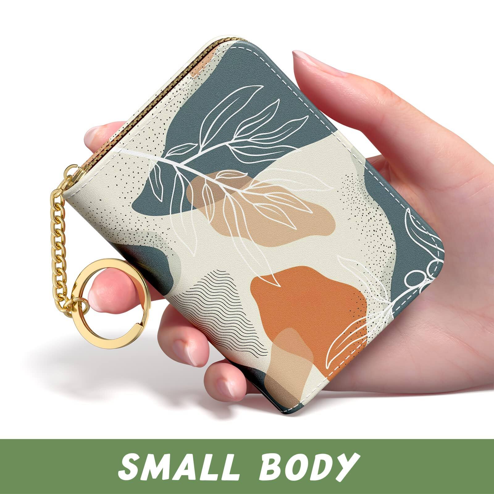 Left. Jadie Link - Credit Card Holder Small Rfid Wallet Slim Leather Organizer Case Zipper Keychain Abstract Boho Leaves Protable Compact - B-Work Hard-Card Holder.