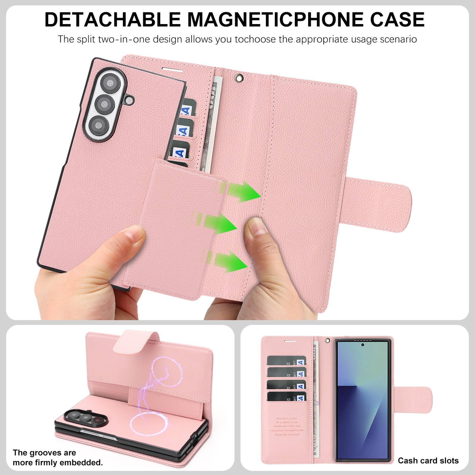 DETACHABLE MAGNETIC PHONE CASE

The split two-in-one design allows you to choose the appropriate usage scenario

The grooves are more firmly embedded.

Cash card slots