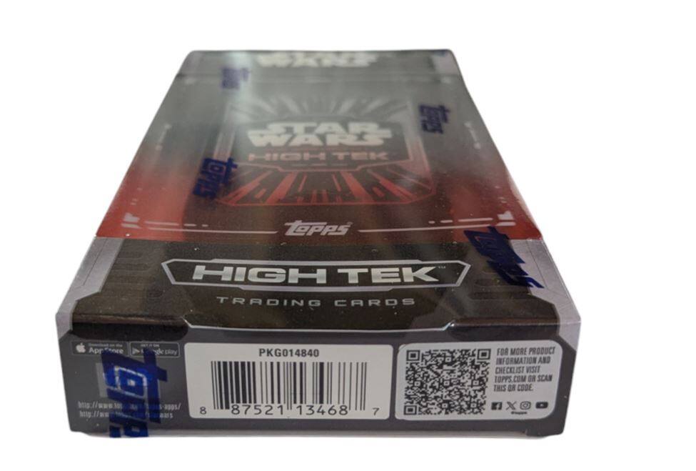 Sure, here is the corrected and grouped text from the image:

---

**STAR WARS HIGH TEK**

**Topps**

**HIGH TEK TRADING CARDS**

**PKG014840**

**8 87521 13468 7**

**FOR MORE PRODUCT INFORMATION AND CHECKLIST VISIT TOPPS.COM OR SCAN THIS QR CODE**

---

This text is organized to reflect the information as it appears on the packaging.