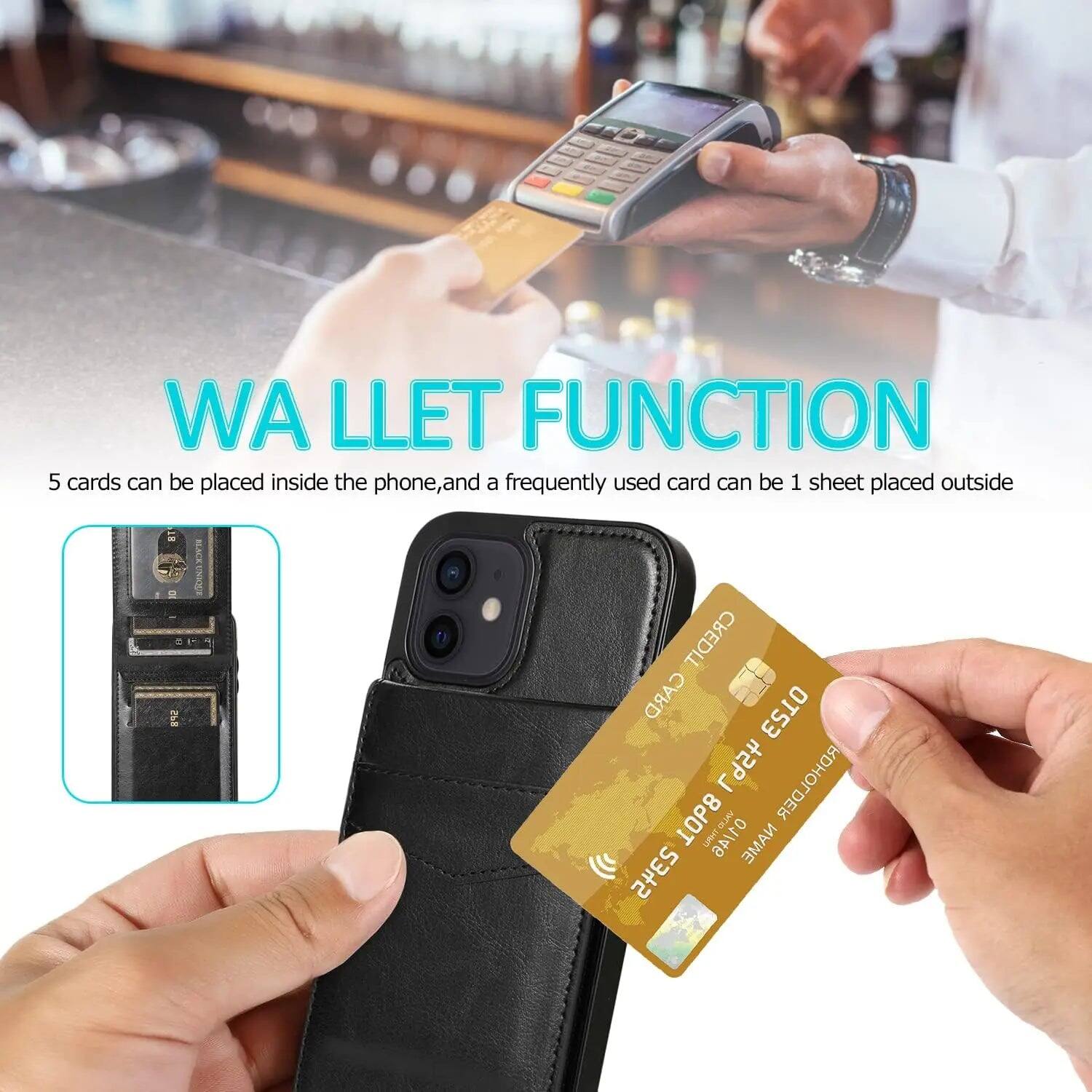 WALLET FUNCTION  
5 cards can be placed inside the phone, and a frequently used card can be 1 sheet placed outside

CREDIT CARD HOLDER  
TO68 WRNT 01/46  
NAME: She2