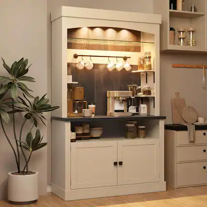 Front. Jojoka - 72" Coffee Bar Cabinet with LED Lights, Microwave Stand, Wine Rack & Glass Shelf - White.