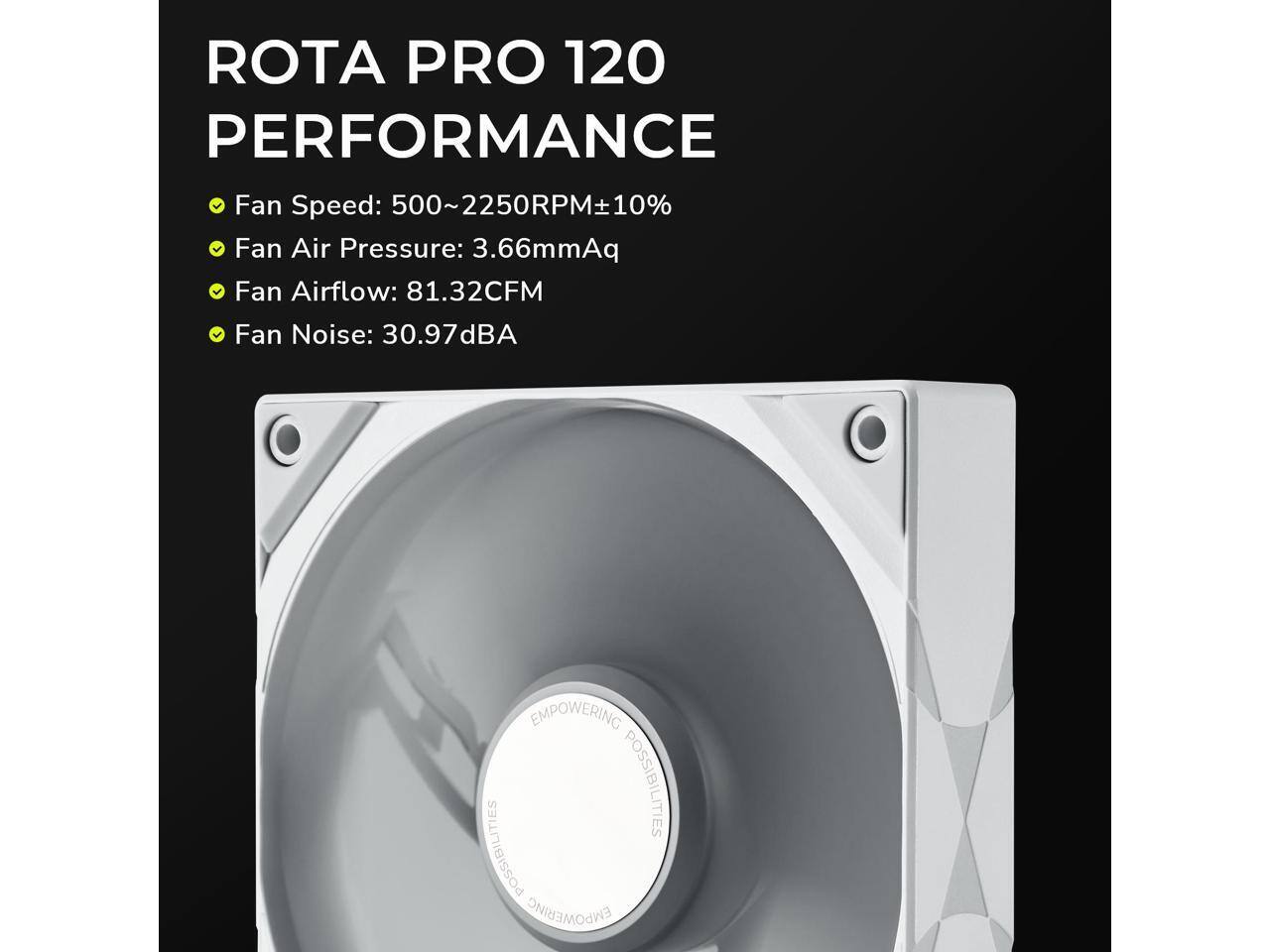 ROTA PRO 120 PERFORMANCE

- Fan Speed: 500~2250RPM±10%
- Fan Air Pressure: 3.66mmAq
- Fan Airflow: 81.32CFM
- Fan Noise: 30.97dBA

EMPOWERING POSSIBILITIES
