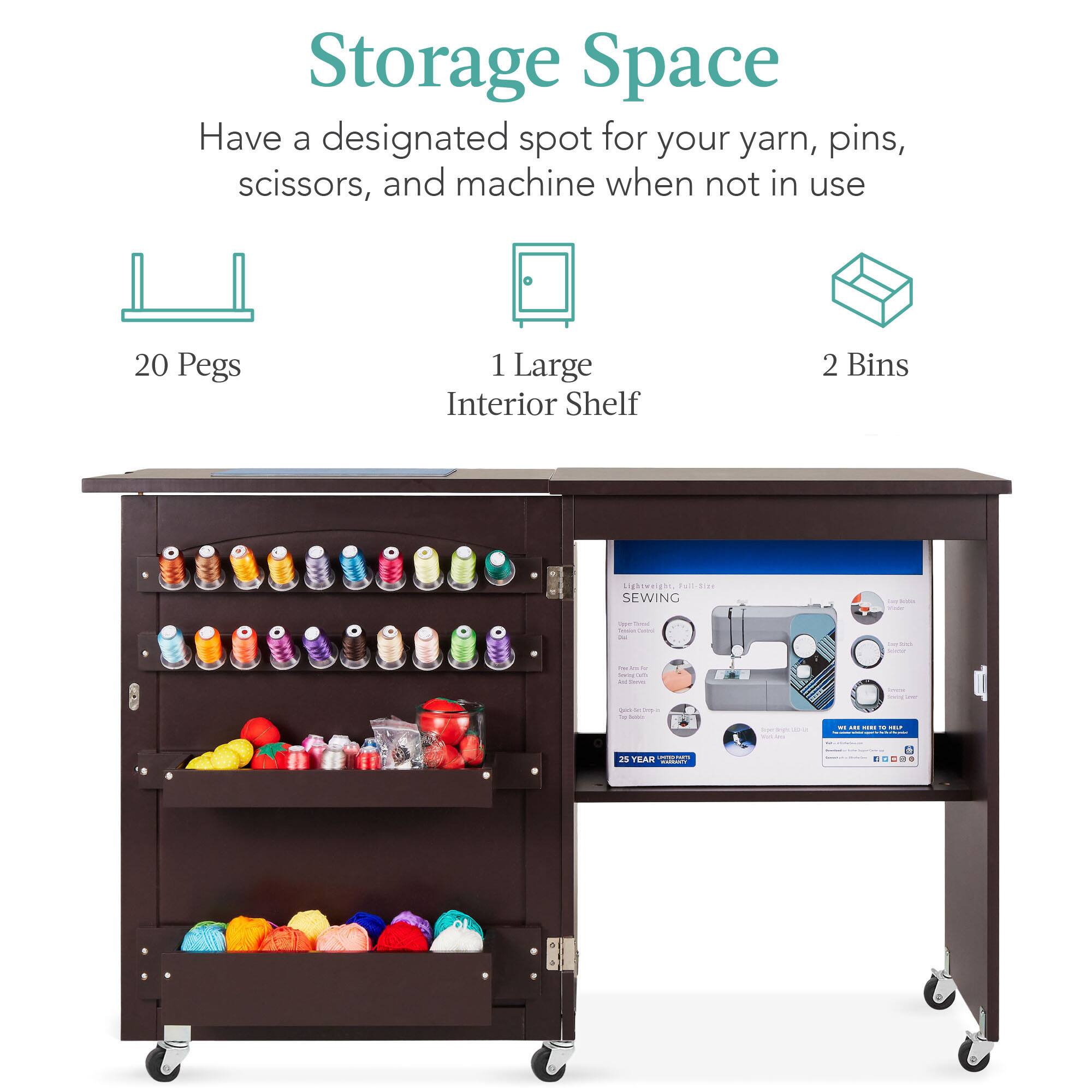 Storage Space: Have a designated spot for your yarn, pins, scissors, and machine when not in use. 

- 20 Pegs
- 1 Large Interior Shelf
- 2 Bins