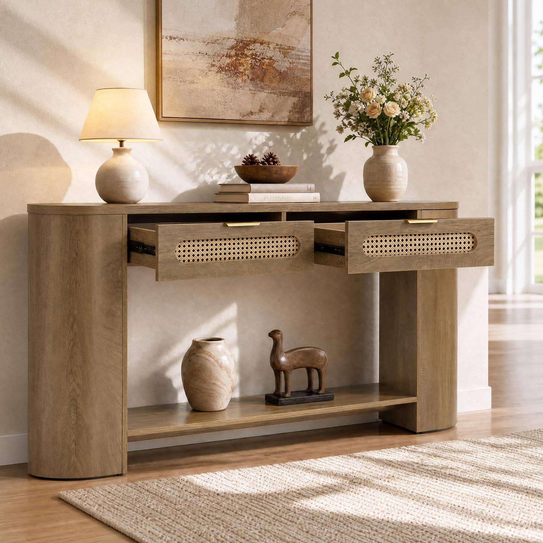 Back. Tribesigns - 55" Curved Console Table with 2 Rattan Drawers & Open Shelves - Brown.