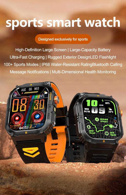 sports smart watch  
Designed exclusively for sports  

High-Definition Large Screen | Large-Capacity Battery  
Ultra-Fast Charging | Rugged Exterior Design | LED Flashlight  
100+ Sports Modes | IP68 Water-Resistant Rating | Bluetooth Calling  
Message Notifications | Multi-Dimensional Health Monitoring  

AUG 06 WED AM 24C  
POWER 08 30  
10349 STEPS  
BPM 0569  
KCAL 10  
80% AM SPORT  

04/06 WED 09 24C  
POWER 10349 steps  
SMART Y  
103 kcal  
104 bpm