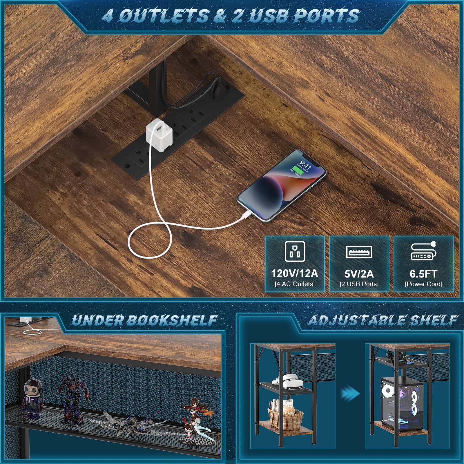 4 OUTLETS & 2 USB PORTS

120V/12A [4 AC Outlets]  
5V/2A [2 USB Ports]  
6.5FT [Power Cord]

UNDER BOOKSHELF

ADJUSTABLE SHELF