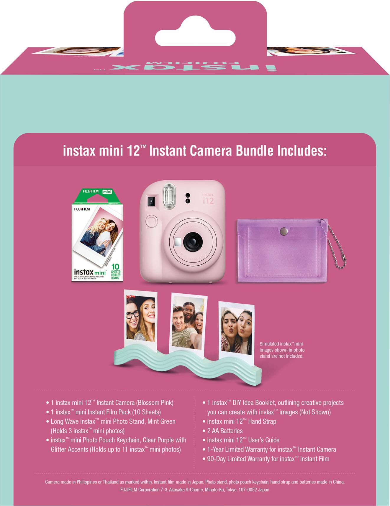 FUJIFILM instax  
instax mini 12™ Instant Camera Bundle Includes:  
- instax mini 12™ Instant Camera (Blossom Pink)  
- instax mini Instant Film Pack (10 Sheets)  
- Long Wave instax™ mini Photo Stand, Mint Green (Holds 3 instax™ mini photos)  
- instax™ mini Photo Pouch Keychain, Clean Purple with Glitter Accents (Holds up to 11 instax™ mini photos)  
- instax™ DIY Idea Booklet, outlining creative projects you can create with instax™ images (Not Shown)  
- instax™ mini 12™ Hand Strap  
- 2 AA Batteries  
- instax™ mini 12™ User's Guide  
- 1-Year Limited Warranty for instax™ Instant Camera  
- 90-Day Limited Warranty for instax™ Instant Film  

Camera made in Philippines or Thailand as marked within instant ml made in Japan.  
Photo stand, photo pouch, keychain, hand strap and batteries made in China.  
FUJIFILM Corporation T-3 Akasaka 9-Chome, Minato-Ku, Tokyo, 107-