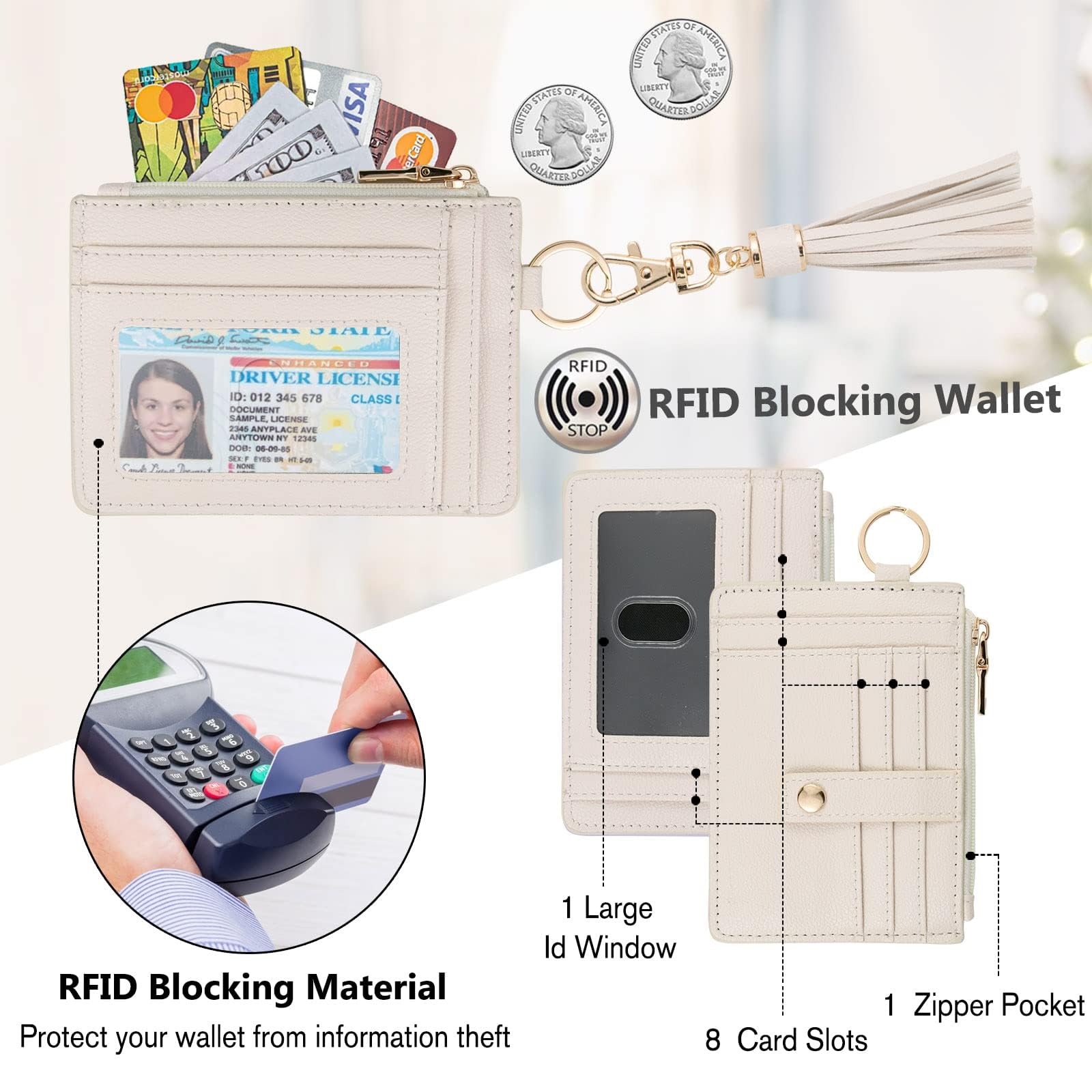 Back. Jadie Link - Small Wristlet Wallets Women Rfid Credit Card Holder Wallet Keychain beige MULTI-FUNCTION Card holder keychain - butterfly.