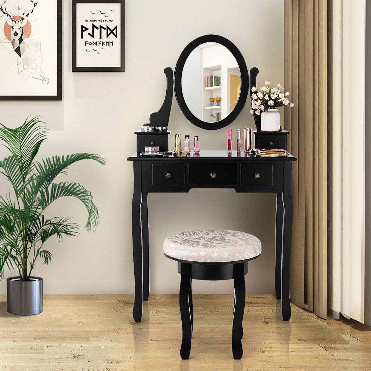 Gymax - Makeup Table Vanity Table Set Cushioned Stool Mirror 5 Drawers - Black