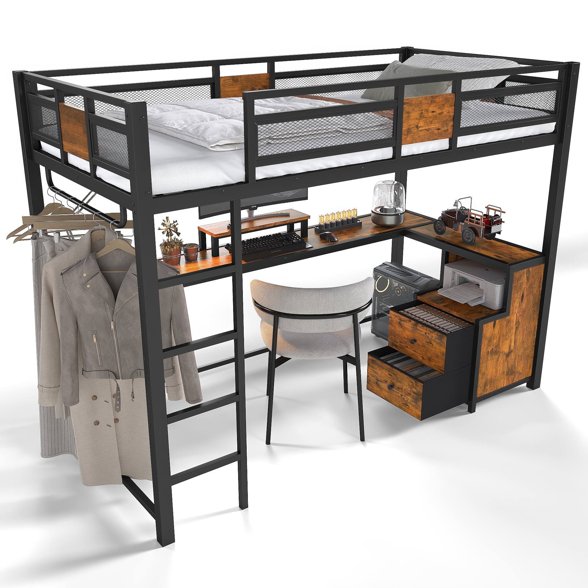Back. Anysun - Twin XL Loft Bed w/ Desk, Fabric Drawers, Metal Frame, Ladders, Noise-Free, No Box Spring Needed - Black.
