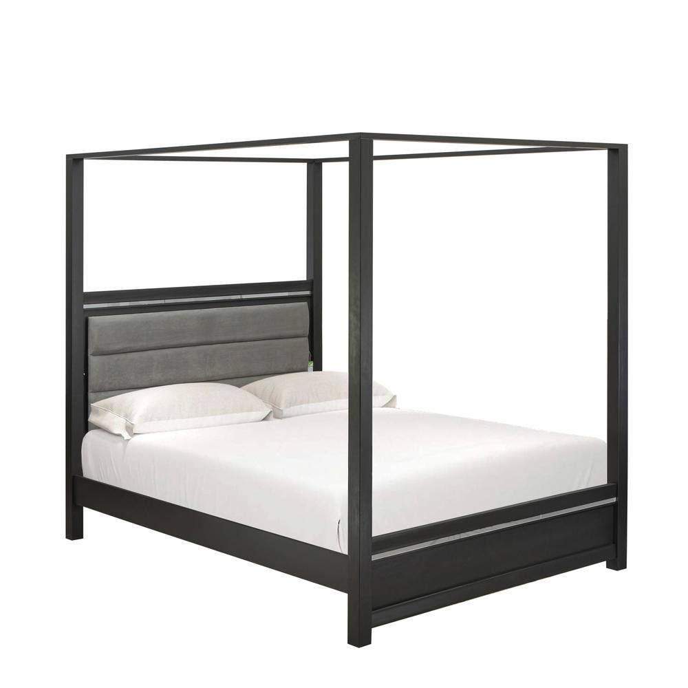 Left. East West Furniture - East West Furniture DE20-Q00000 Denali Modern Queen Bed - Adjustable LED Lighting Headboard and Adjustable Wooden Slats - Brush Gray.