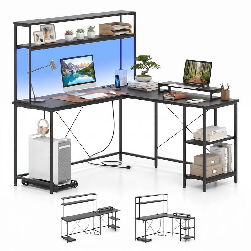 Angle. WELLFOR - Large Reversible Computer Desk with LED Light &  Power Outlets, L Shape Desk Gaming Desk with Hutch& Monitor Stand - Black.