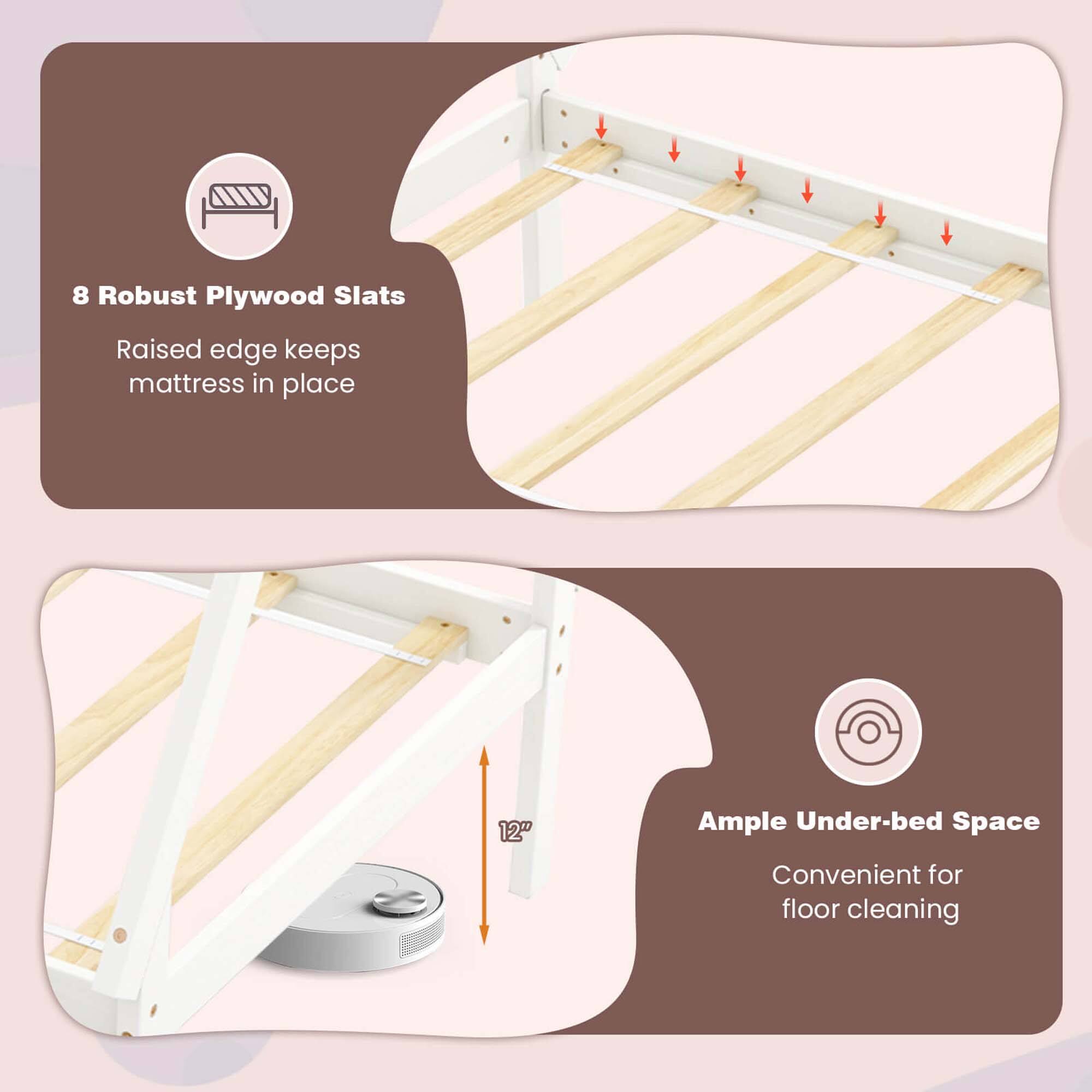 The image features a bed frame with a slatted design, which is described as having 8 robust plywood slats. The slats are raised to keep the mattress in place, providing a stable and secure sleeping surface. The bed frame also offers ample under-bed space, which is convenient for cleaning the floor.