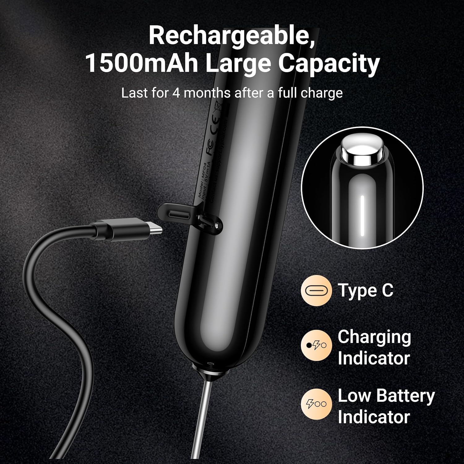Rechargeable, 1500mAh Large Capacity  
Last for 4 months after a full charge  

- Type C  
- Charging Indicator  
- Low Battery Indicator