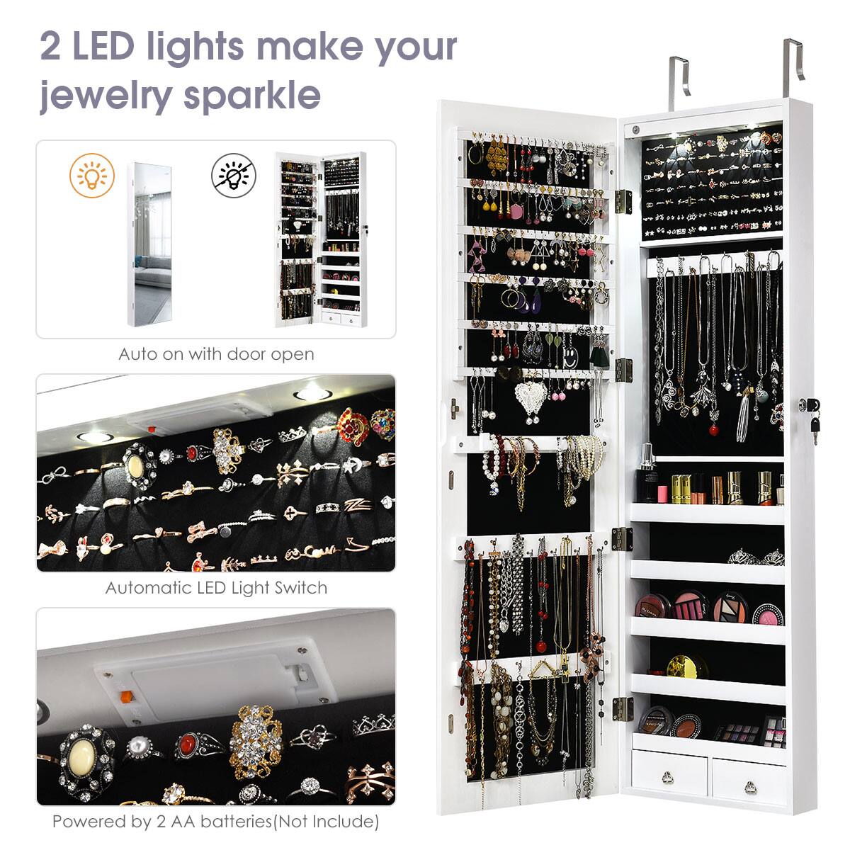 The image features a white jewelry organizer with two LED lights that make your jewelry sparkle. The organizer has an automatic LED light switch, which is activated when the door is open. The organizer is powered by two AA batteries, which are not included in the image.
