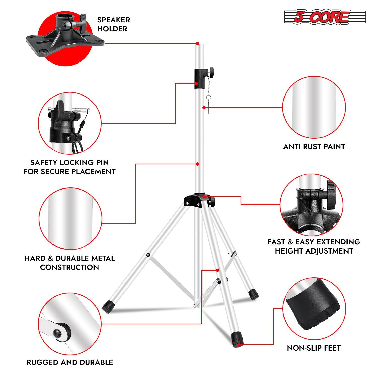 Here is the corrected and grouped text:

- Speaker Holder
- 5 Core Anti-Rust Paint
- Safety Locking Pin for Secure Placement
- Hard & Durable Metal Construction
- Fast & Easy Extending Height Adjustment
- Non-Slip Feet
- Rugged and Durable