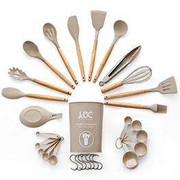 Lux Decor Collection - 35‑Piece Kitchen Utensil Set Heat‑Resistant Silicone & Wooden Handle Cooking Tools with Holder, BPA‑Free, Kitchen Set - Khaki