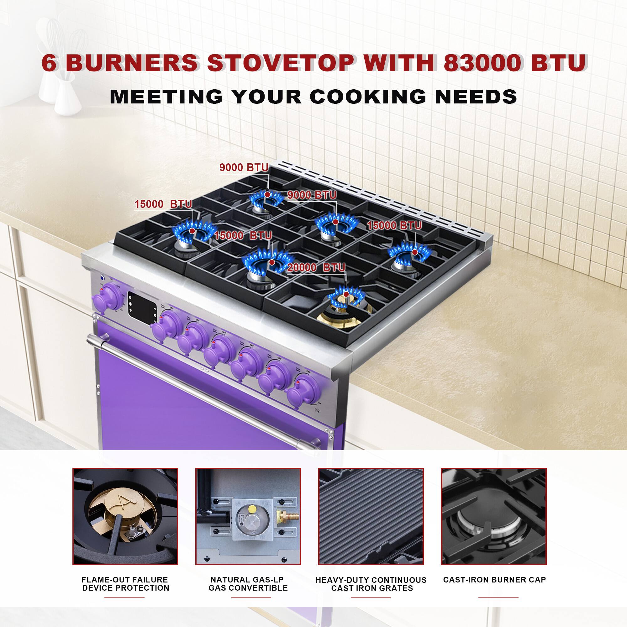 6 BURNERS STOVETOP WITH 83000 BTU MEETING YOUR COOKING NEEDS

9000 BTU  
15000 BTU  
9000 BTU  
15000 BTU  
15000 BTU  
20000 BTU

FLAME-OUT FAILURE DEVICE PROTECTION  
NATURAL GAS-LP GAS CONVERTIBLE  
HEAVY-DUTY CONTINUOUS CAST-IRON GRATES  
CAST-IRON BURNER CAP