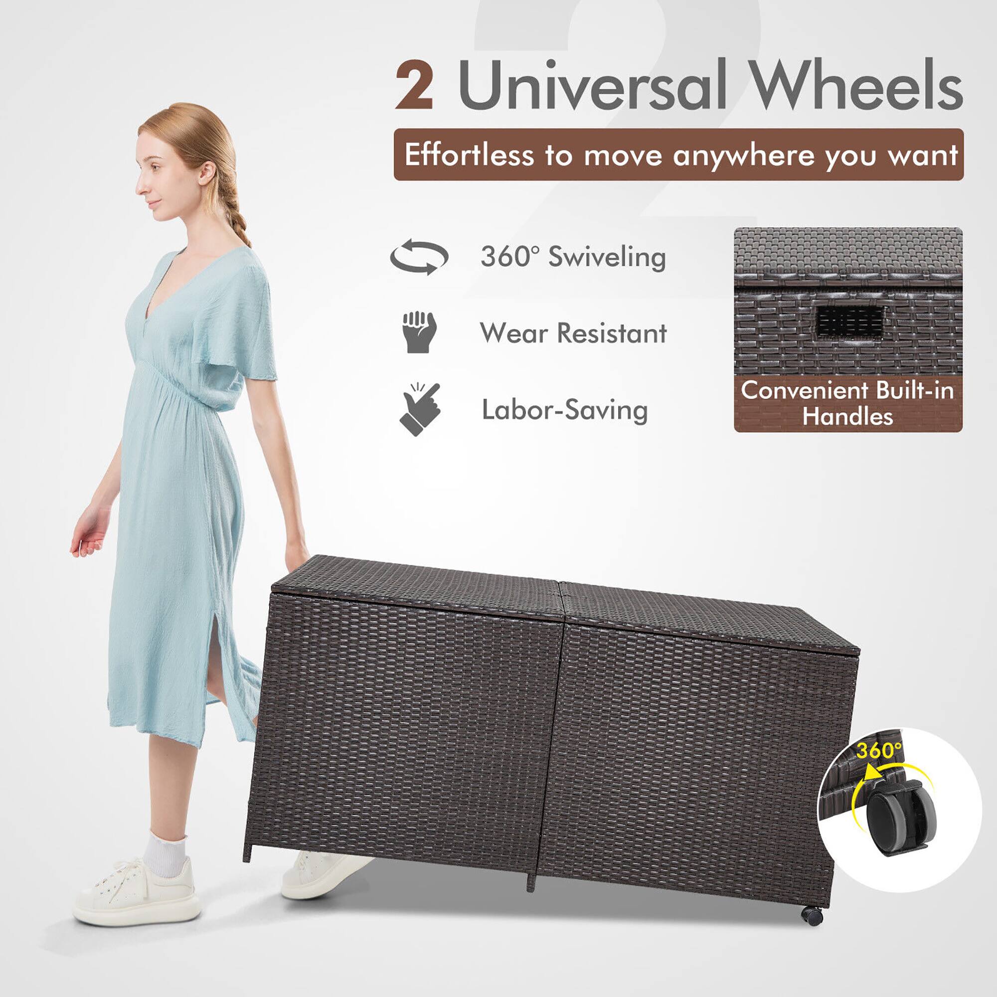 2 Universal Wheels  
Effortless to move anywhere you want  
360° Swiveling  
Wear Resistant  
Labor-Saving  
Convenient Built-in Handles