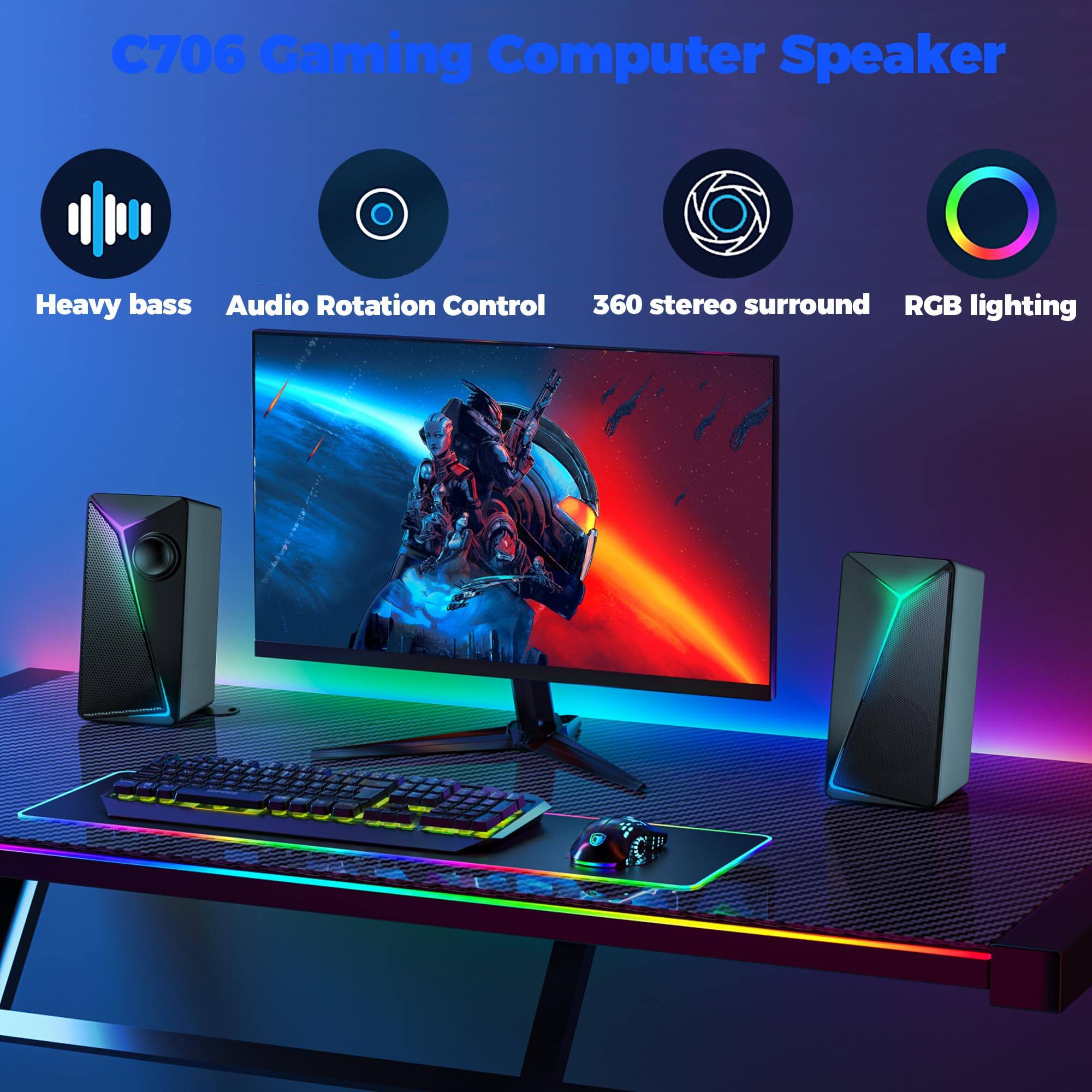 C706 Gaming Computer Speaker

- Heavy bass
- Audio Rotation Control
- 360 stereo surround
- RGB lighting