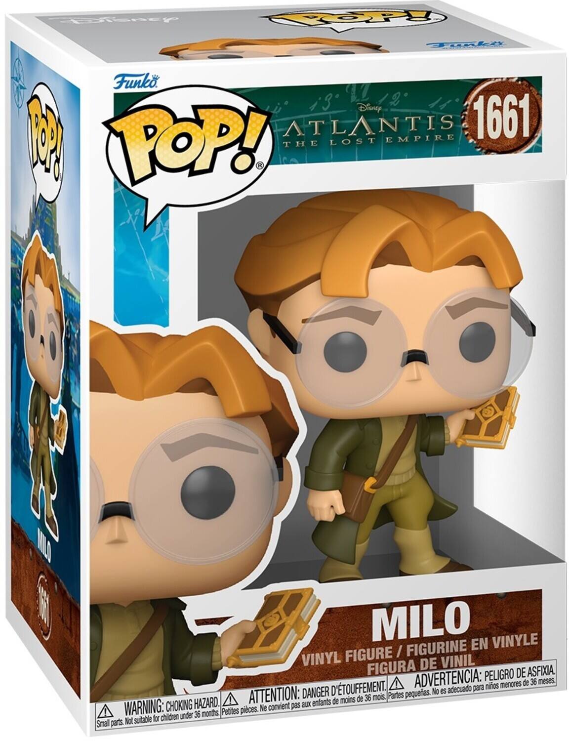 Funko POP! Atlantis The Lost Empire 1661  
Milo  
Vinyl Figure / Figurine en Vinyle / Figura de Vinil  
Warning: Choking Hazard. Small parts. Not suitable for children under 36 months.  
Advertencia: Peligro de asfixia. No es adecuado para niños menores de 36 meses.  
Attention: Danger d'étouffement. Ne convient pas aux enfants de moins de 36 mois.